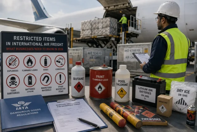Restricted items in international air freight 2026: explosives, flammable liquids, gases, corrosives, toxic substances, lithium batteries and magnetized materials, with IATA Dangerous Goods Regulations for air cargo shipping